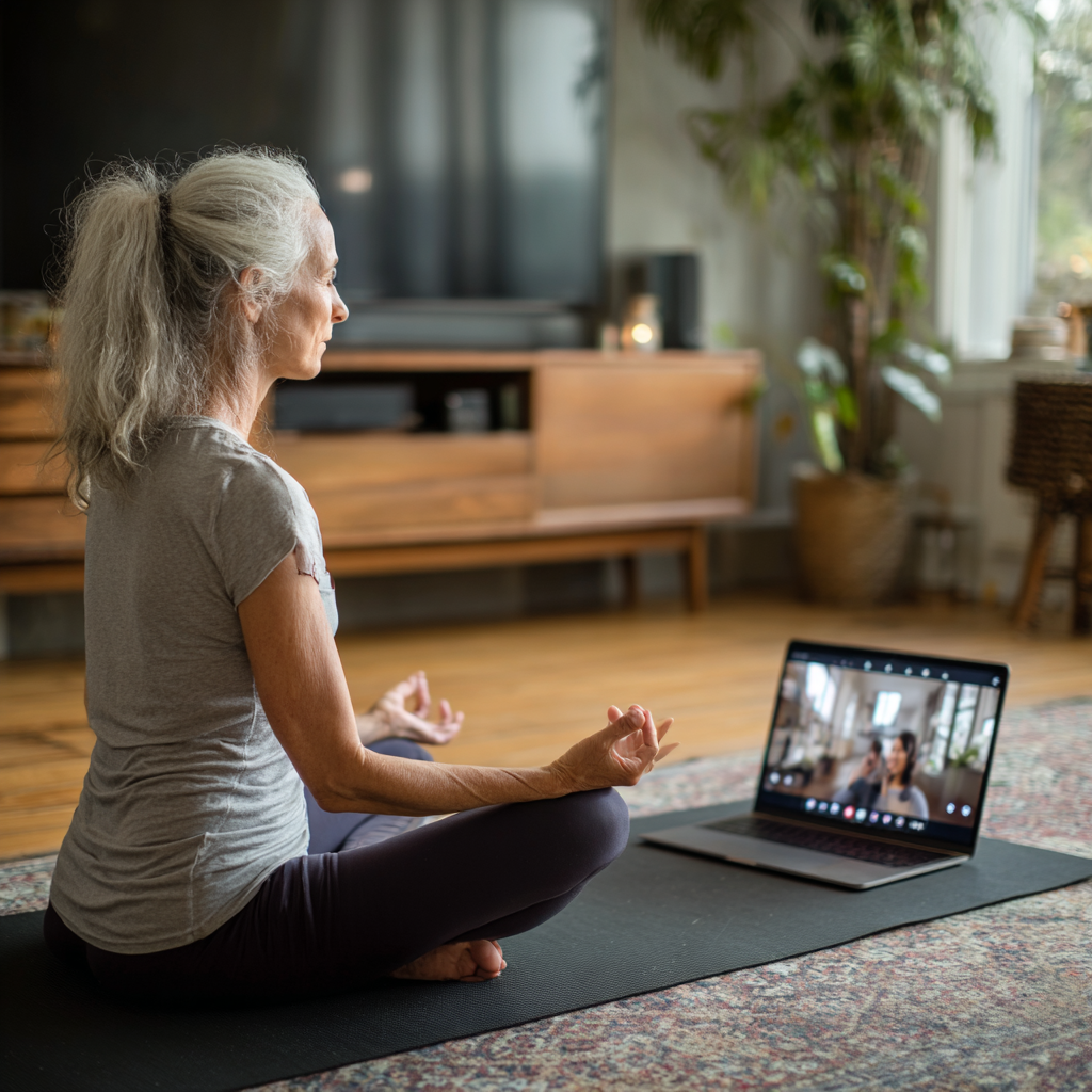 Жінка 52 роки практикує йогу вдома перед ноутбуком, на екрані якого видно онлайн-заняття з інструктором