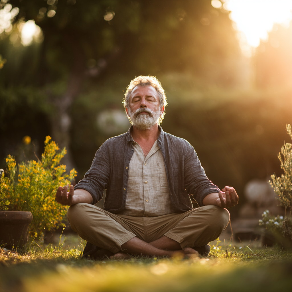 Чоловік 58 років сидить у позі лотоса на природі, медитує з спокійним виразом обличчя, навколо зелень та м'яке сонячне світло