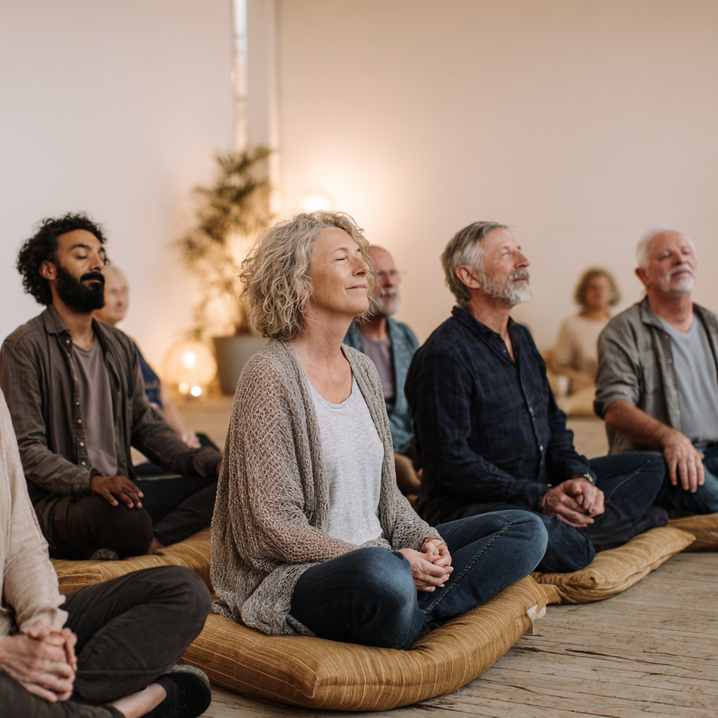 Група людей 50-60 років сидить у колі на подушках, медитує з закритими очима у затишній студії з м'яким освітленням